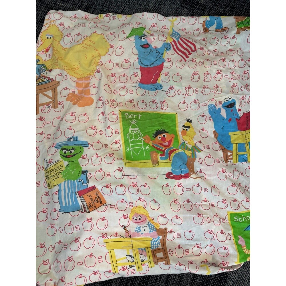 VTG Sesame Street Twin Fitted Sheet School Marlborough Apples Big Birds Oscar
